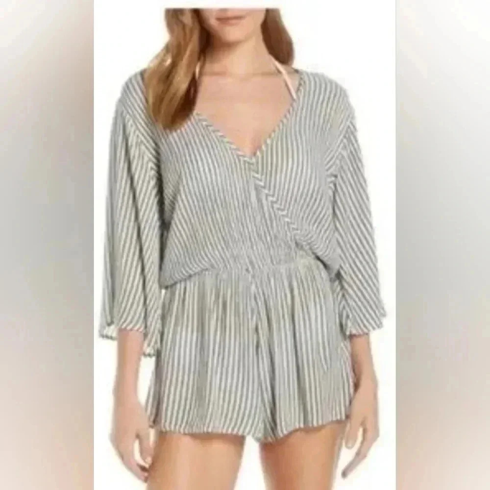 Elan Romper Women S White Gray Surplise V Neck 3/4 Bell Sleeve Coverup NWT